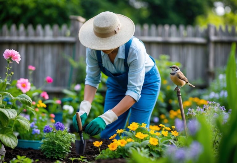 A gardener working in the garden. In the background, a wild birds perches on a fence.