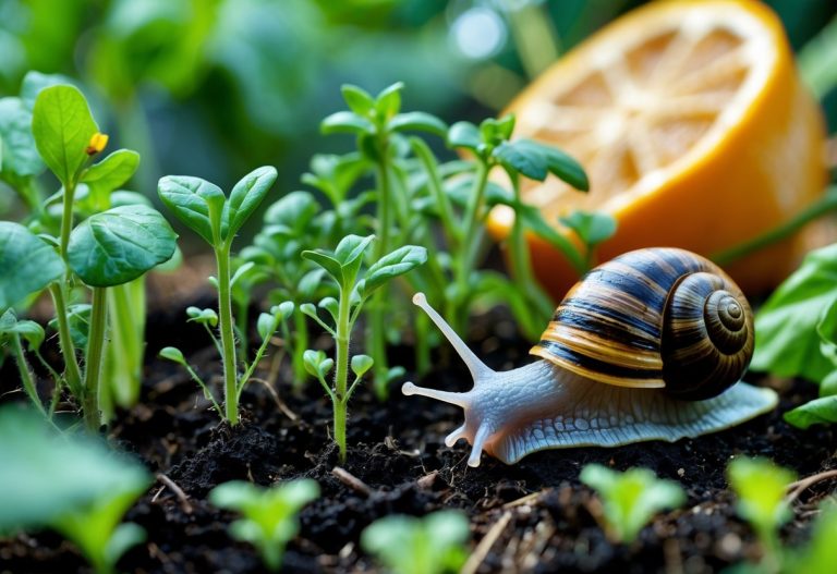 A vibrant garden scene showing healthy green plants protected from pests. In the background, a snail can be seen next to a citrus rind, but the focus is on thriving seedlings and vegetables.