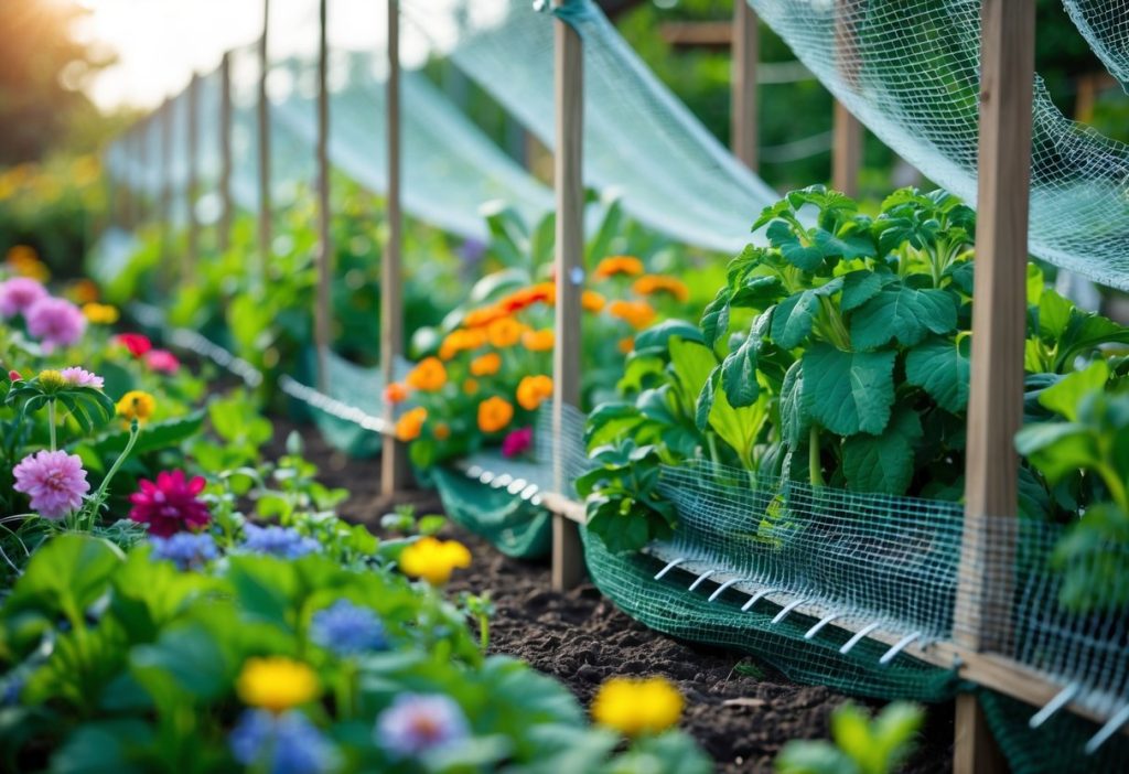 A garden with flowers and vegetables protected by mesh netting and bird spikes