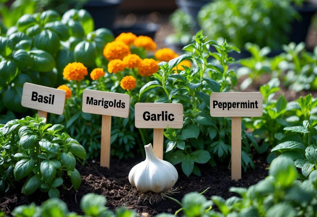 A garden with basil, marigolds and garlic and peppermint. Each plant is labeled with a plant marker.
